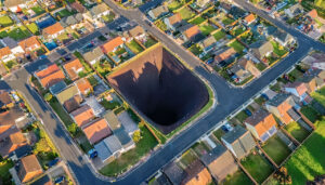 un quartier résidentiel avec un gouffre en son centre pour illustrier le manque de statistiques liées au logement
